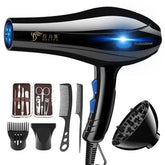 Professional black hair dryer with blue accents and styling accessories, featuring negative ion technology for home hairdressing